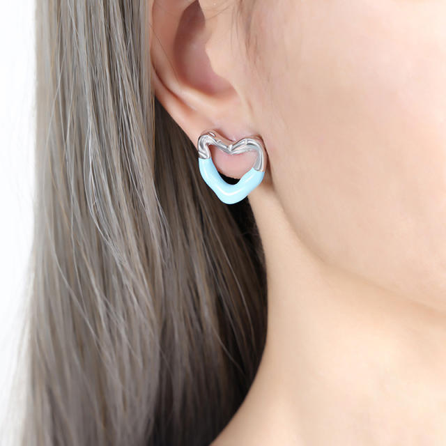 Color enamel heart shape stainless steel studs earrings