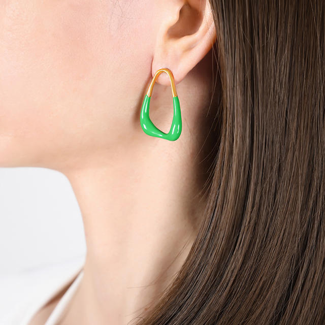 Fresh green color enamel geometric shape stainless steel earrings