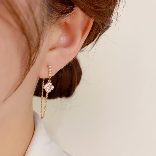 Delicate diamond clover chain tassel copper earrings