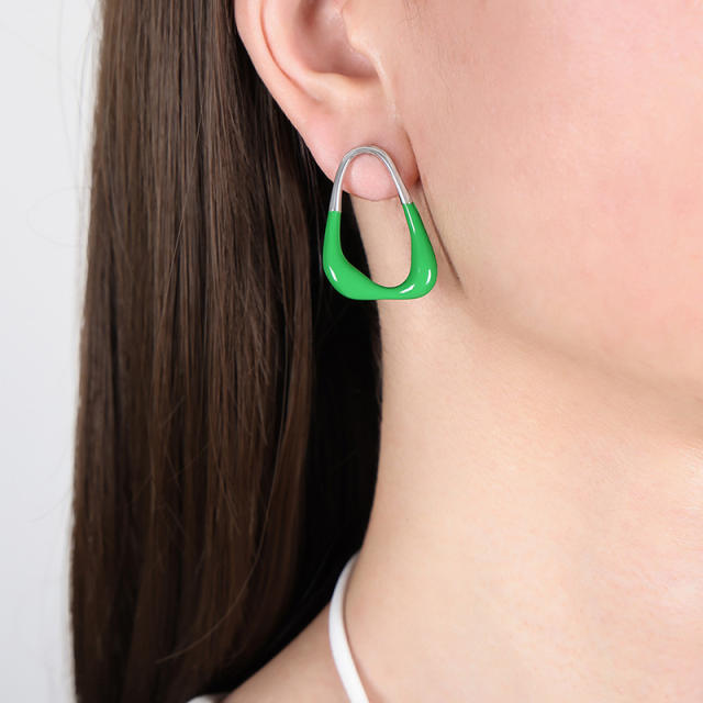 Fresh green color enamel geometric shape stainless steel earrings