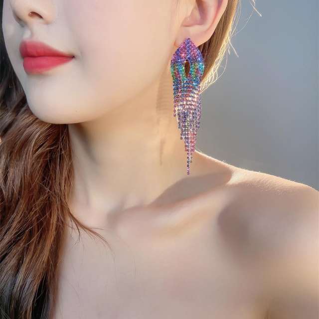 Luxury colorful diamond tassel party long earrings