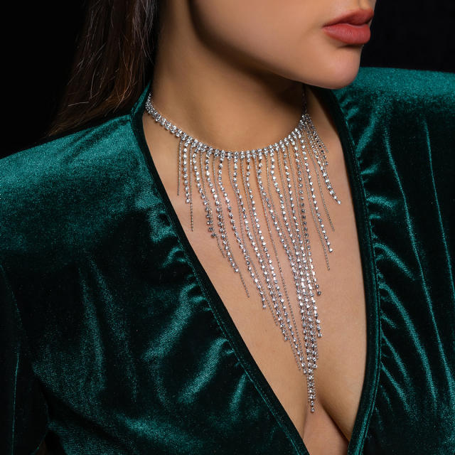 Delicate diamond chain tassel choker necklace