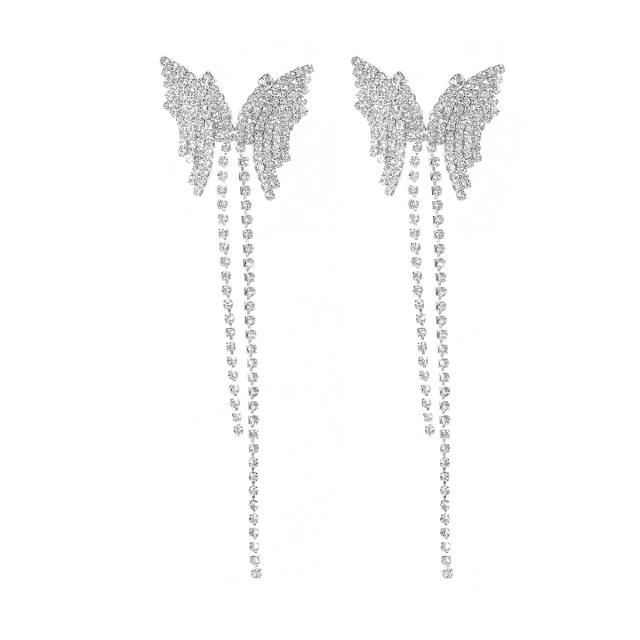 Delicate full rhinestone butterfly tassel diamond earrings