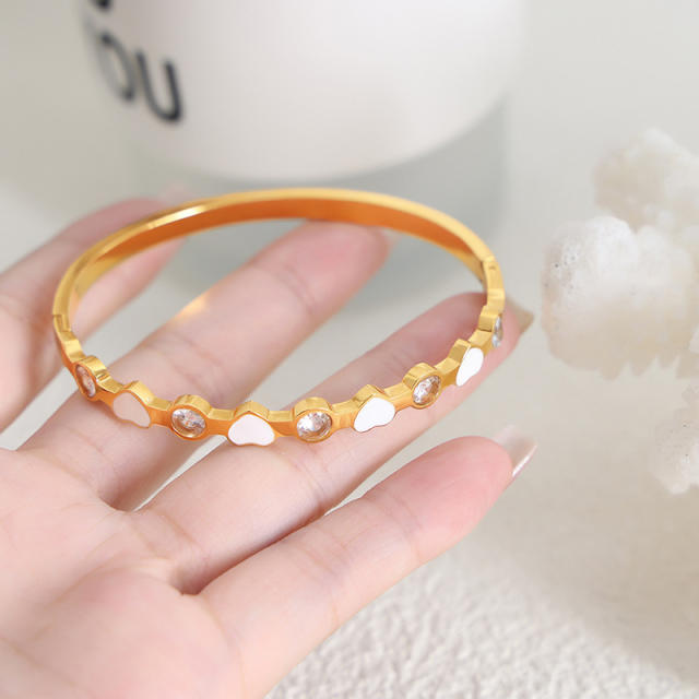 Popular color enamel heart cubic zircon stainless steel bangle bracelet