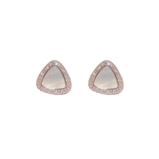 Concise triangle shape mother shell diamond copper studs earrings