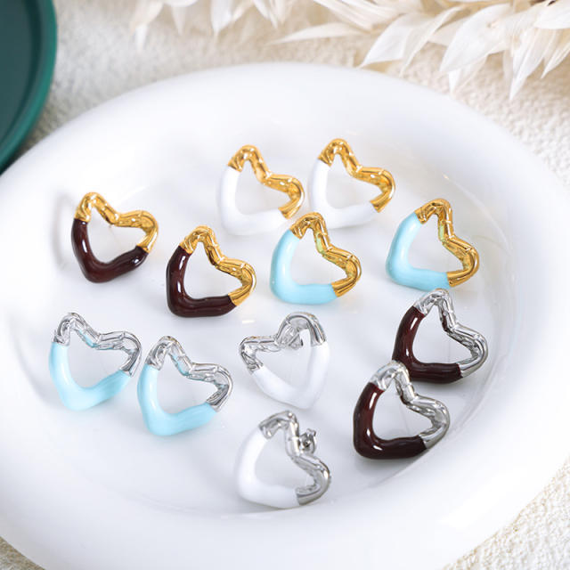 Color enamel heart shape stainless steel studs earrings
