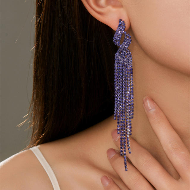 Delicate colorful rhinestone tassel long party earrings