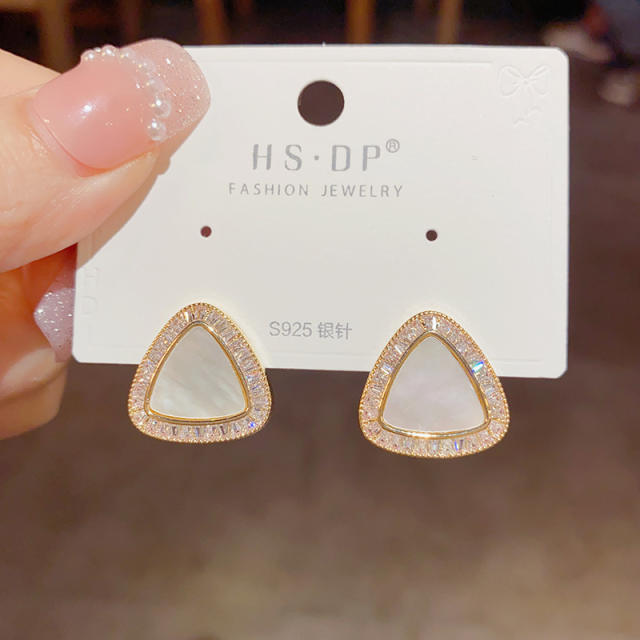 Concise triangle shape mother shell diamond copper studs earrings