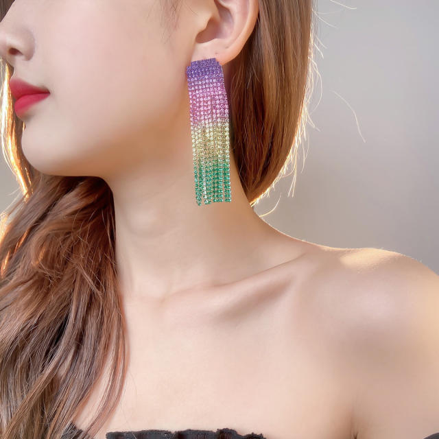 Fashionable colorful rhinestone tassel long earrings