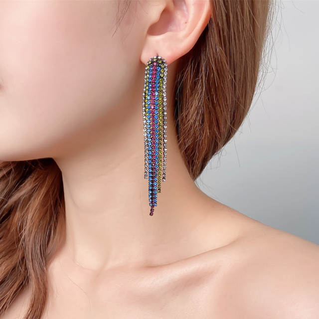 Luxury colorful diamond tassel long party earrings