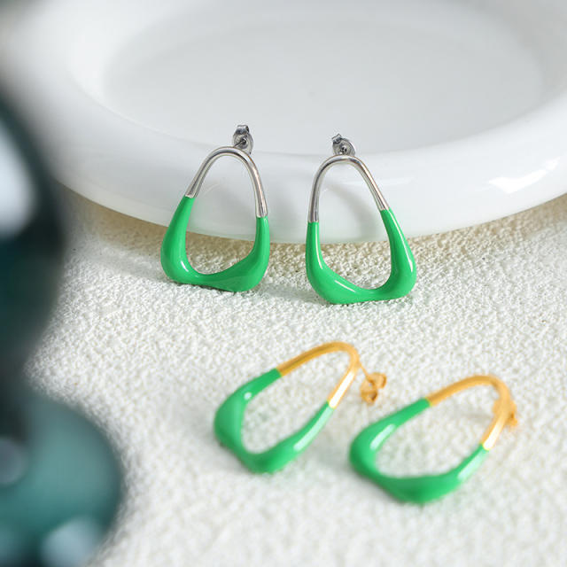 Fresh green color enamel geometric shape stainless steel earrings