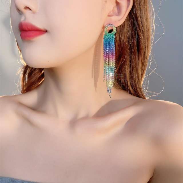 Elegant colorful diamond tassel long party earrings