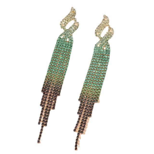 Delicate colorful rhinestone tassel long party earrings