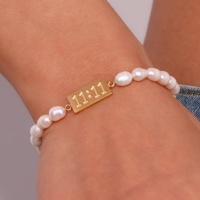 Angel number water pearl bead stainless steel bracelet