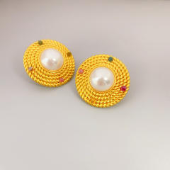 925 needle elegant vintage round shape pearl copper studs earrings