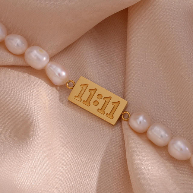 Angel number water pearl bead stainless steel bracelet