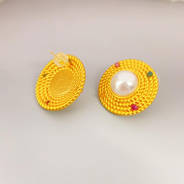 925 needle elegant vintage round shape pearl copper studs earrings