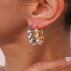 Personality pearl bead U shape stainless steel earrings
