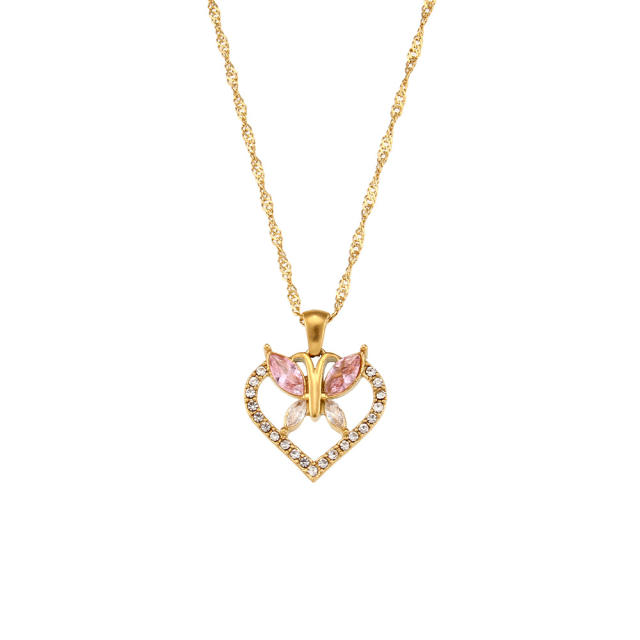 Delicate color cubic zircon heart butterfly pendant dainty stainless steel necklace