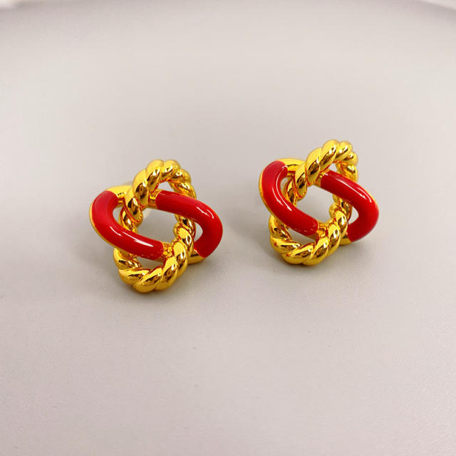 925 needle gold plated copper twisted white enamel studs earrings