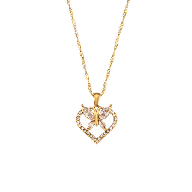 Delicate color cubic zircon heart butterfly pendant dainty stainless steel necklace