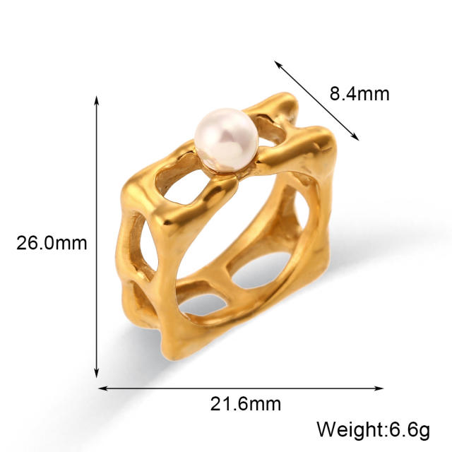 18KG chunky hollow square cheese pearl stainless steel rings