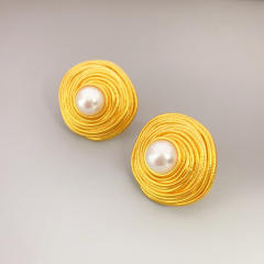 925 needle vintage round shape pearl 18KG copper studs earrings