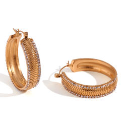 18K rhinestone line chunky stainless steel hoop earrings
