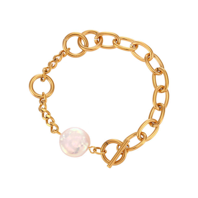 Baroque pearl stainless steel cable chain Asymmetric Bracelet