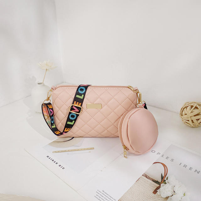 Classic easy match quilted PU leather crossbody bag with color letter strap
