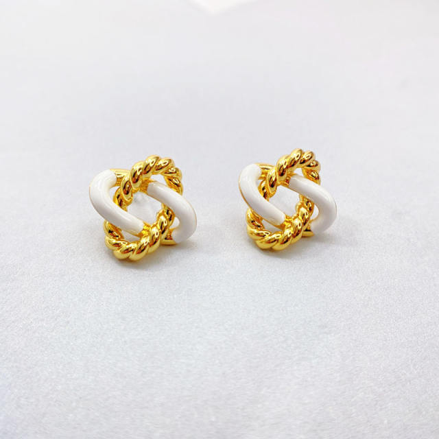 925 needle gold plated copper twisted white enamel studs earrings