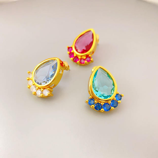 925 needle delicate color teardrop cubic zircon copper studs earrings