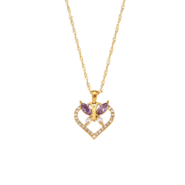 Delicate color cubic zircon heart butterfly pendant dainty stainless steel necklace