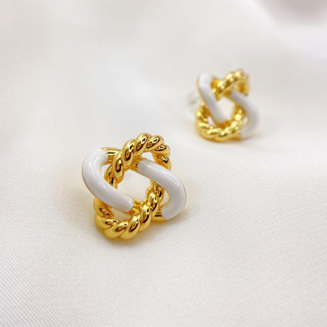 925 needle gold plated copper twisted white enamel studs earrings