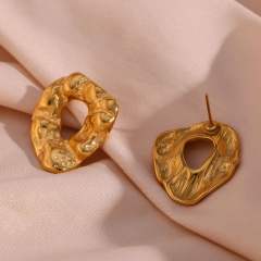 Vintage chunky fold pattern geometric circle stainless steel studs earrings