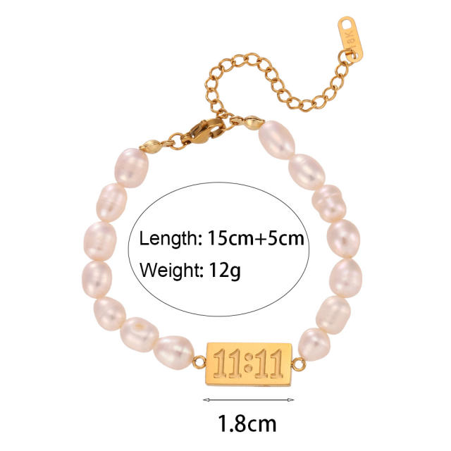 Angel number water pearl bead stainless steel bracelet