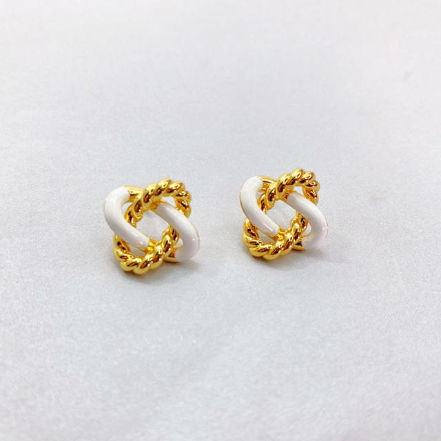 925 needle gold plated copper twisted white enamel studs earrings