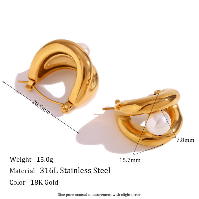 18K gold plated chunky two line pearl bead stainless steel earrings