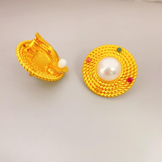 925 needle elegant vintage round shape pearl copper studs earrings