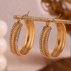 18K rhinestone line chunky stainless steel hoop earrings