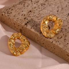 Vintage chunky fold pattern geometric circle stainless steel studs earrings
