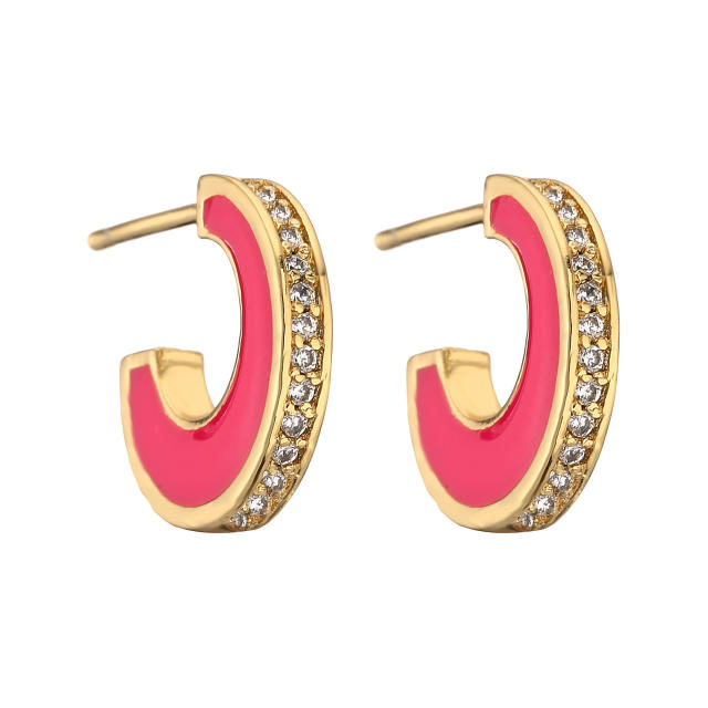 Summer color enamel cubic zircon copper open hoop earrings