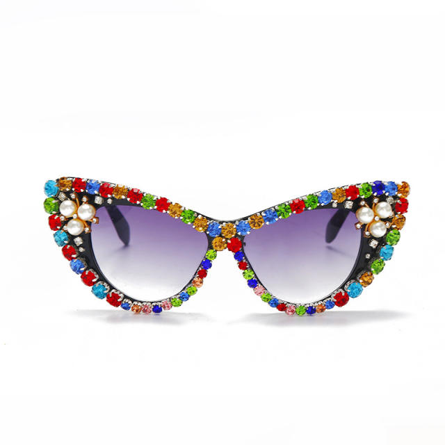 Personality luxury color glass crystal cat eye shape diamond sunglasses