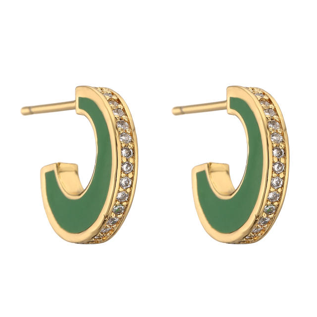 Summer color enamel cubic zircon copper open hoop earrings