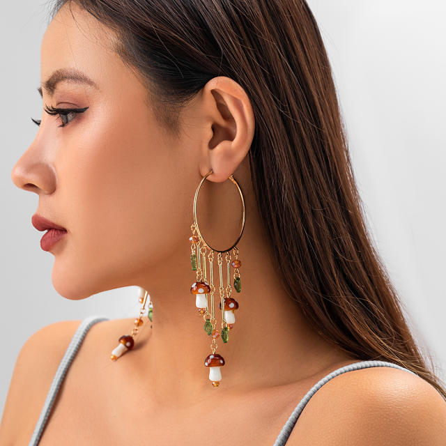 Boho national trend mushroom tassel hoop earrings