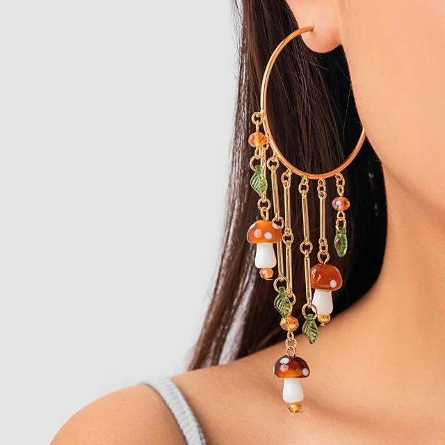 Boho national trend mushroom tassel hoop earrings