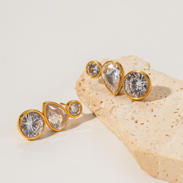 18K diamond cubic zircon stainless steel studs earrings