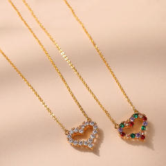 Dainty rainbow cubic zircon heart hollow copper necklace