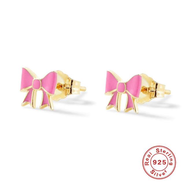 925 sterling silver summer candy color enamel tiny bow cartilage earrings studs earrings
