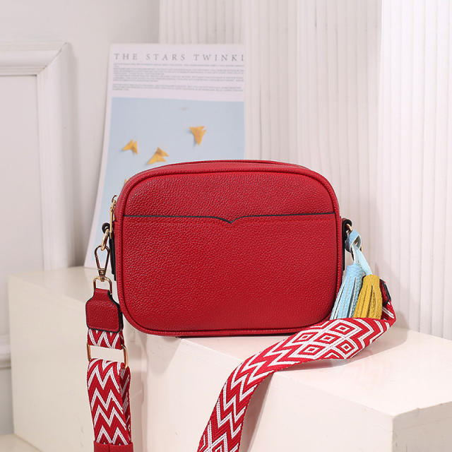 Casual colorful tassel zipper PU leather wide strap crossbody bag